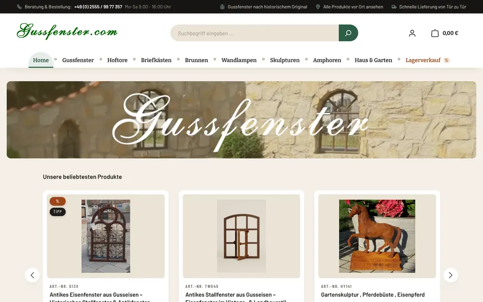 Startseite des Shopware-Shops Gussfenster (gussfenster.com)