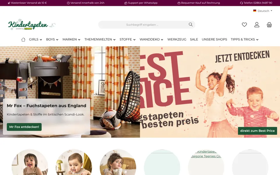 Startseite des Shopware-Shops Kindertapeten (kindertapeten.de)