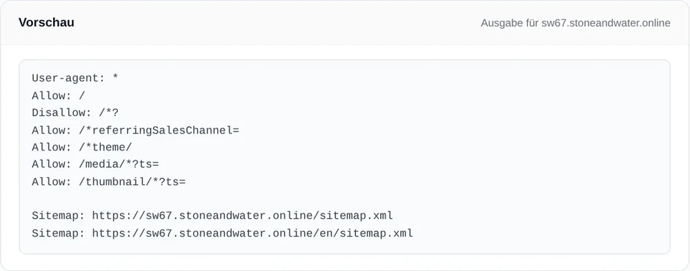 Preview of the delivered robots.txt with automatically added sitemap lines
